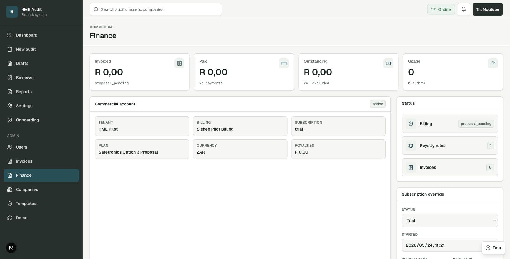 Finance dashboard showing billing, usage, and commercial controls.