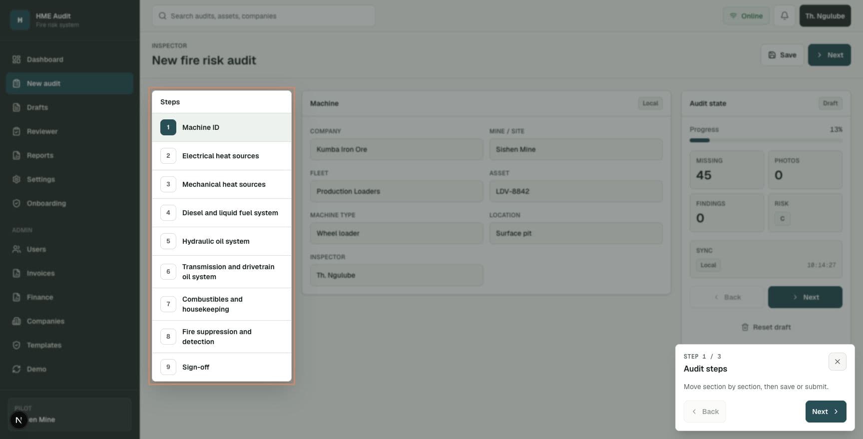 New audit workflow showing structured machine audit sections.